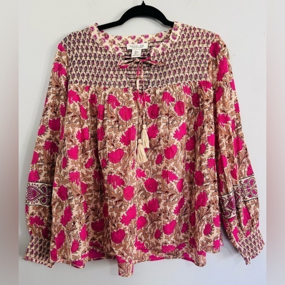 Rachel Zoe Pink Floral Smocked Peasant Blouse Boho Cotton Top Small cottagecore